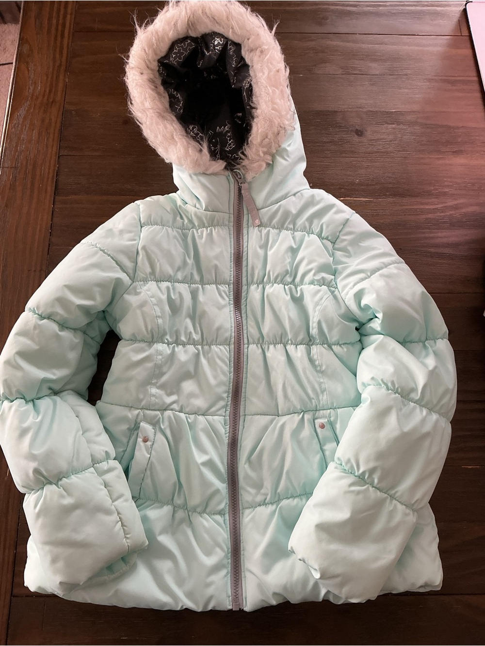 Jessica Simpson Girls Mint Green Puffer Coat with Faux Fur Hood